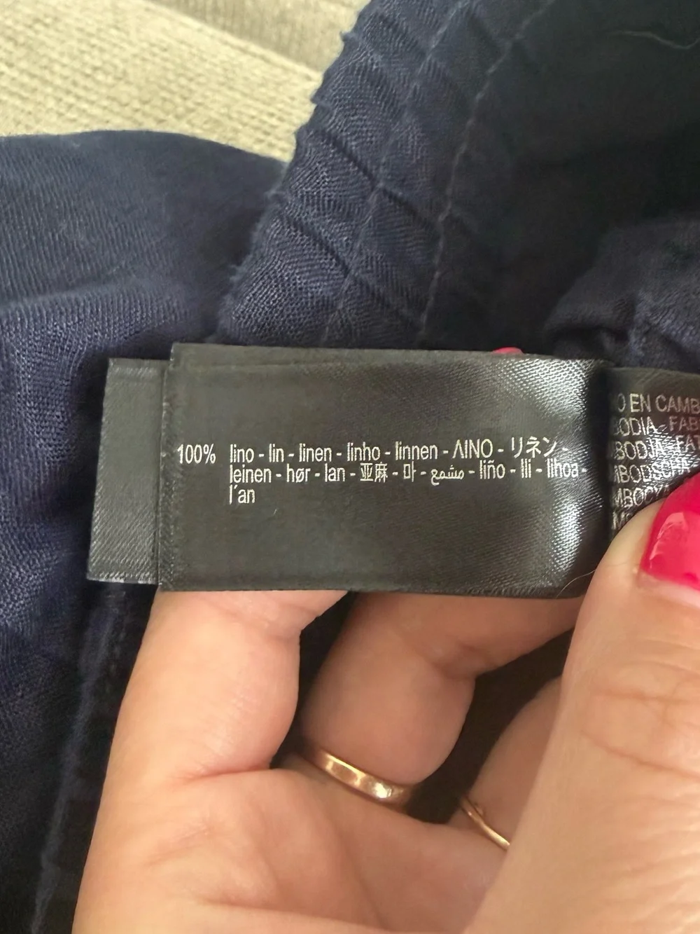 Zara Navy Elastic-Waist Wide Leg Linen Pants